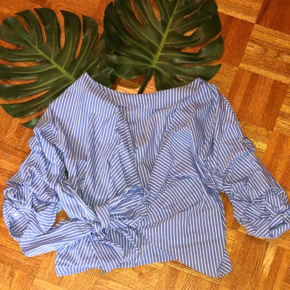 Zara Tops - {Zara} Striped Wrap Blouse with Pleated Sleeves